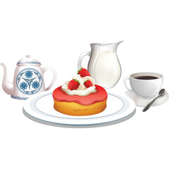 Delicious Strawberry Pastry with Cream and Fresh Berries Served with Coffee and Milk on a Transparent Background