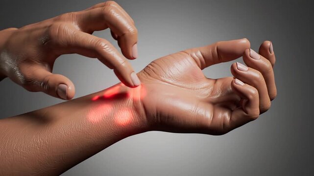 Medical Diagnostic Hand Analysis With Red Dots Highlighting Veins On Gray Background