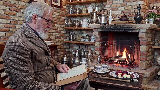 elderly man reading book by cozy fireplace, warm interior scene | retirement, relaxation, leisure, home, storytelling theme
