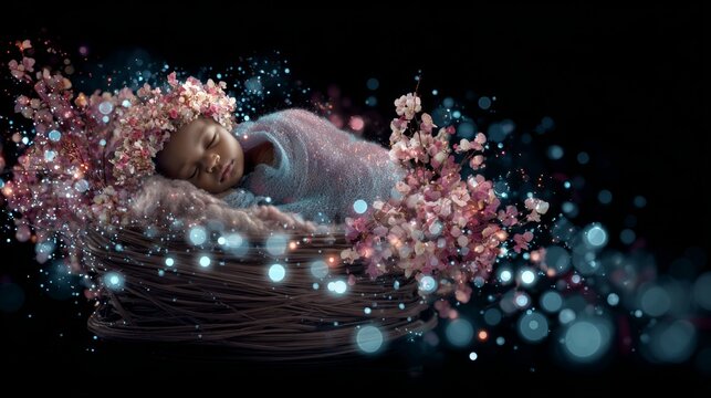 Serenity and bloom: nature-inspired first photos of a newborn girl. Digital networking avatars. Newborn's first moments in an artisan wooden basket with floral wreath. Virtual social interaction.