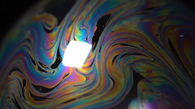 Thin‑film interference on a soap bubble macro with swirling spectral bands and convection; a clean, brand‑safe background with copy space for titles, overlays, and motion design.