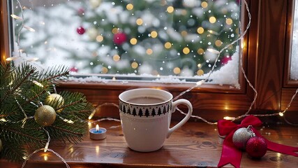 festive hot drink on windowsill with christmas decorations and bokeh lights | christmas, holiday, relax, home, winter theme - Powered by Adobe