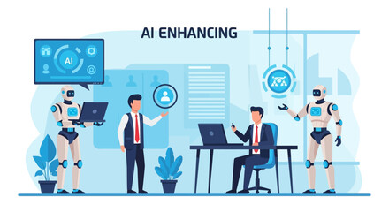 Modern business professionals collaborate with advanced AI robots in a sleek office, demonstrating how artificial intelligence enhances productivity and innovation in the workplace.