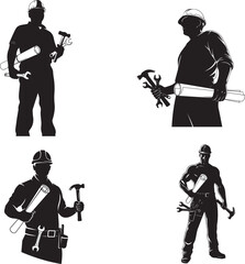 Construction workers with blueprints and tools – bold black and white silhouette icons of labor, engineering, and safety
