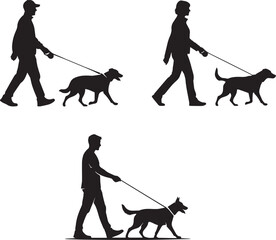 People walking dogs on leashes – bold black and white silhouette icons of pet care, lifestyle, and outdoor activitydog walking silhouette, person with dog, pet care icon, black and white illustration,