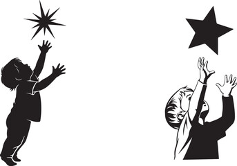 Children reaching for stars – bold black and white silhouette icon of dreams, hope, and aspiration