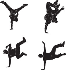 Breakdancers in dynamic poses – bold black and white silhouette icons of street dance, motion, and athleticism