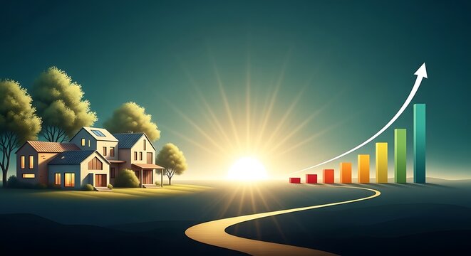 Real estate market growth concept showing rising house values and property investment appreciation trend