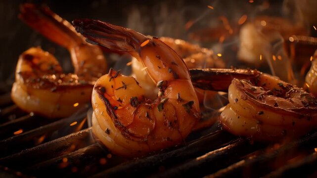 Grilled Shrimp with Fire and Smoke. BBQ Seafood Flame Sparks