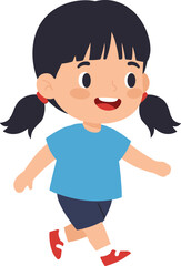 Cartoon child running happily, playful movement, joyful expression, energetic activity, outdoor fun, childhood motion, smiling girl, active lifestyle, youth energy, animated walking pose