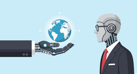 A robotic hand offers a glowing digital globe to a sophisticated AI in a business suit, illustrating global technological integration and future business innovation.