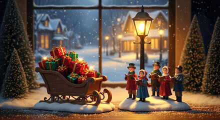 Christmas carolers singing by a sleigh full of presents in a snowy winter scene seen from a window. Festive Christmas cheer and joy. Holiday season, winter wonderland, nostalgic scene.