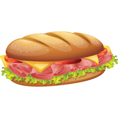 Delicious Submarine Sandwich With Ham Cheese Lettuce And Tomato On A Sesame Seed Bun With A Transparent Background
