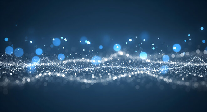 Abstract Data Visualization: An ethereal digital abstract of data streams forming a dynamic wave against a deep blue gradient, representing the flow of information and technological advancement.