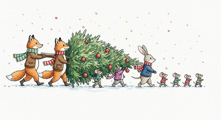Foxes, bunny and mice carry Christmas tree in winter. A delightful watercolor illustration with festive charm. Holiday spirit, winter wonderland, cute animals.