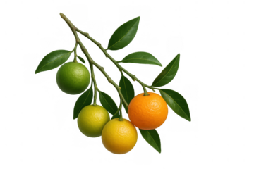 Citrus fruits growing on branch showing ripening process from green to yellow to ripe orange with leaves