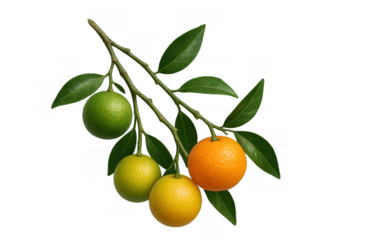 Citrus fruits growing on branch showing ripening process from green to yellow to ripe orange with leaves