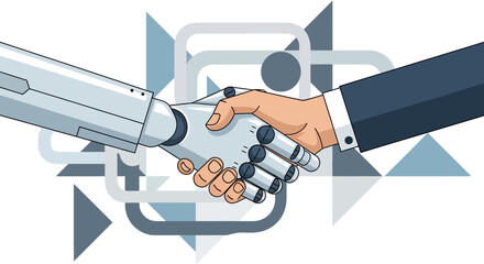 A symbolic handshake between a human and a robot hand visualizes the future of artificial intelligence, technological collaboration, and modern business partnerships.