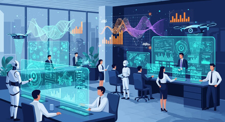 Professionals and robots collaborate in a futuristic office, utilizing holographic interfaces, big data analytics, and advanced AI for business innovation.