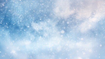 Winter snowfall creating a serene and magical atmosphere with soft blue tones in the sky during a calm day