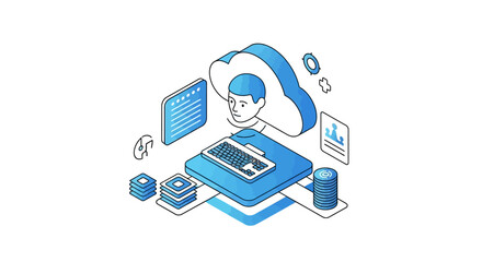 This modern isometric illustration depicts a comprehensive cloud computing ecosystem, showcasing data management, artificial intelligence, and digital transformation services.