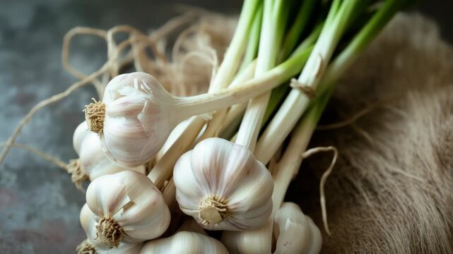 Fresh garlic bulbs tied together on a rustic table