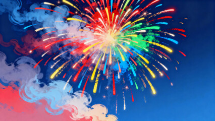 Colorful fireworks explode in a vibrant display against a deep blue night sky with swirling clouds.