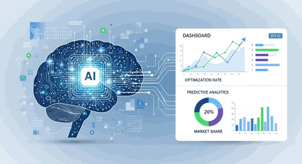 This digital illustration visualizes a glowing artificial intelligence brain connected to business analytics dashboards, highlighting data processing and future technology.