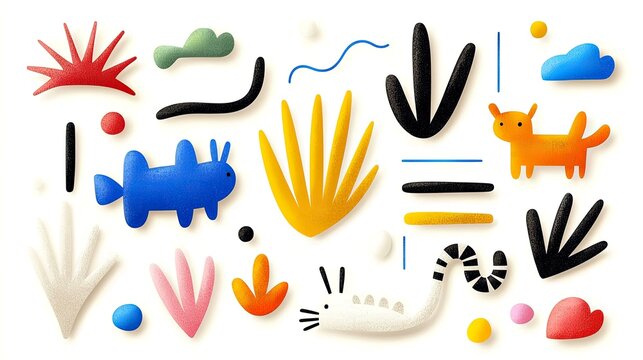 A vibrant arrangement of abstract, textured shapes and whimsical cartoon animals in various bright colors.