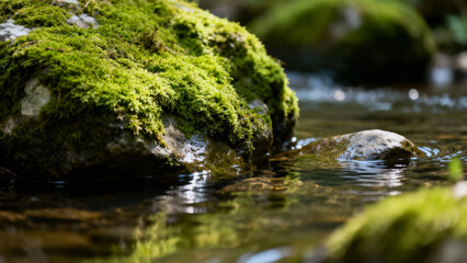 Fototapeta premium Moss-covered rocks in a clear, flowing stream