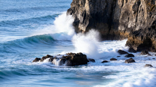 Waves crashing against rocky coastline with splashing water and rugged cliffs