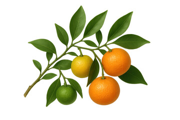 Citrus fruit branch with oranges, lemon, lime and green leaves, growing and ripening on transparent background