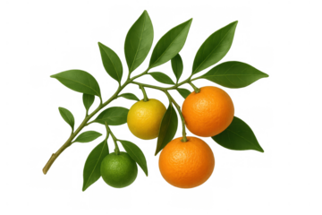 Citrus fruit branch with oranges, lemon, lime and green leaves, growing and ripening on transparent background