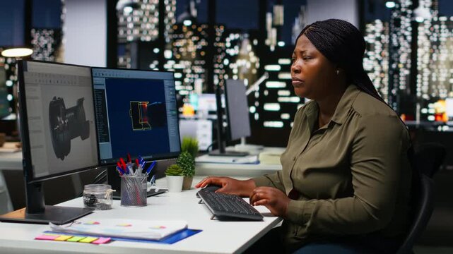 Female developer creates Mars based virtual station using AI tech. Futuristic program processing data with machine learning and automation to optimize game design and development. Camera B.