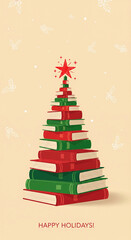A stack of red and green books forms a Christmas tree with a star on top. An illustration conveying holiday spirit and knowledge.. Festive season, holiday reading, book tree.
