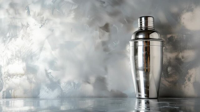 Stainless steel cocktail shaker on abstract grey backdrop
