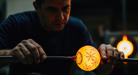 Glassblower shaping molten glass with snowflakes on it in a studio. A close-up shot showcasing skill and craftsmanship. Handmade art, artistic expression, traditional craft.