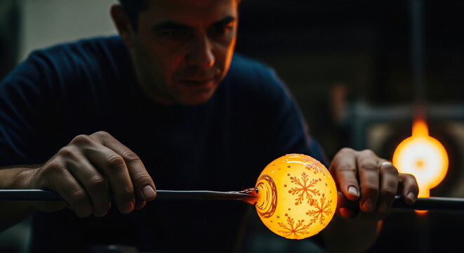 Glassblower shaping molten glass with snowflakes on it in a studio. A close-up shot showcasing skill and craftsmanship. Handmade art, artistic expression, traditional craft.