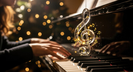 Woman playing piano in a festive ambiance, with a glass treble clef ornament hanging. A magical scene full of warmth and artistic expression. Holiday spirit, musical elegance, concert performance.