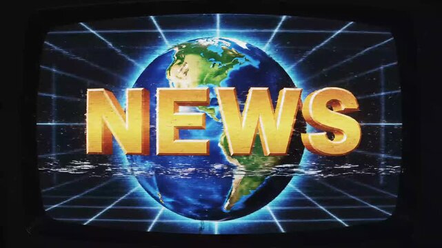 Retro TV news title screen on a vintage CRT monitor, golden NEWS text over a rotating planet Earth with scanlines and analog glitch, nostalgic broadcast opener template for global headlines