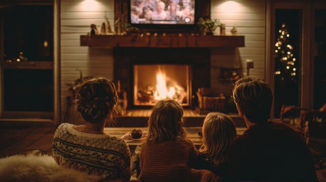 Family enjoys cozy evening by the fireplace while watching a movie during the winter holiday season