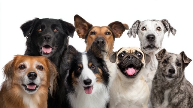 Group of happy dogs posing together for a fun and playful portrait in a bright setting