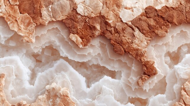 Geode interior with rough brown rock surrounding smooth white and cream crystal formations, mineral abstract background