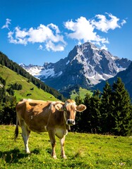 A cow stands in a pasture beneath a mountain peak, sunny day