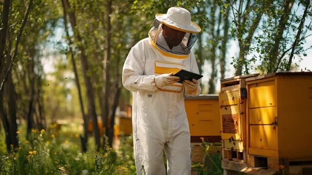 Medium shot of a beekeeper interacting with smart sensors on a hive using a tablet to review hive health metrics.
