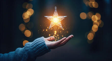 Woman's hand holding a shining Christmas star ornament. A magical and festive scene. Holiday spirit, winter wonderland, Christmas miracle.