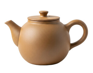 Obraz premium A close-up shot of a brown ceramic teapot with a lid and a handle, isolated on white.