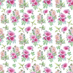 Watercolor pink seamless pattern with bouquet flower Dahlia and Malva on white background. Hand-drawn summer floral plant for decor. Art for wedding celebration card. Wallpaper or wrapping