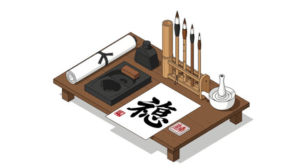 Traditional chinese calligraphy set with brush, ink stone, and rice paper