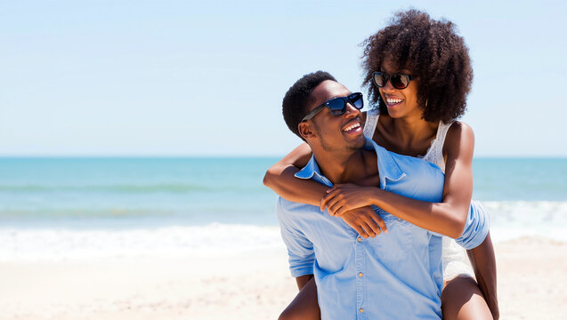Joyful african american couple shares a playful moment on the beach during summer holidays, with sunny skies and gentle waves in the background. They are embracing and smiling happily. Generative AI.